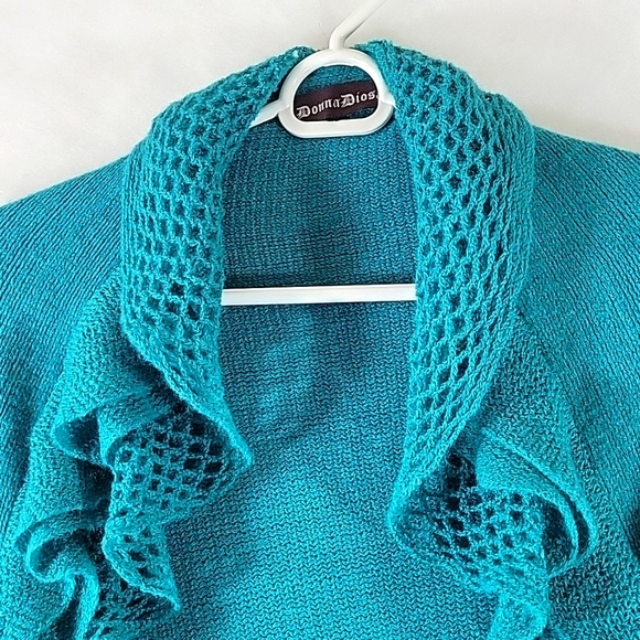 Donna Diosa Teal Layered Ruffle Knit Batwing Cardigan Sweater Size OS - Picture 7 of 8